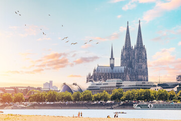 Scenic view of the Rhine River beach and the Cologne skyline with picturesque birds and recognizable architectural silhouettes of the famous Koln Cathedral © EdNurg