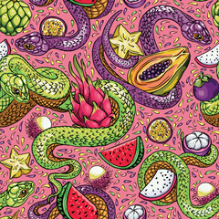 pattern of snakes and juicy fruits, colorful snakes and tropical fruits. Sketch for printing on fabric, especially bag, accessories and design. Vector, trend