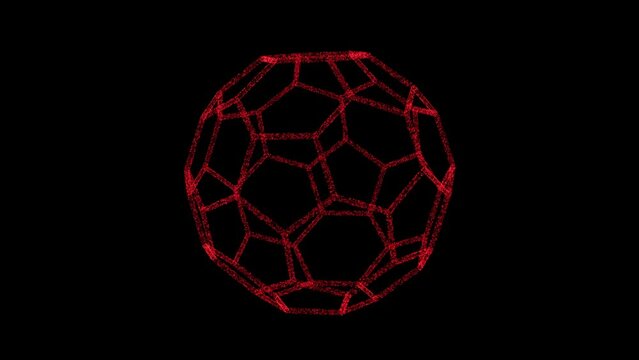 3D red polyhedral ball rotates on its axis on black backdrop. Object consisting of flickering particles 60 FPS. Science tutorial concept. Abstract backdrop for logo, title, presentation. 3D animation