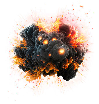 Realistic bomb explosion with colorful streaks. Large fireball with black smoke on transparent background.