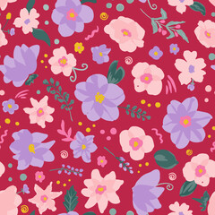 Cute, feminin flowers with leaves, herbs and branches seamless repeat pattern. Random placed, vector floral botany all over surface print on vivid magenta background.