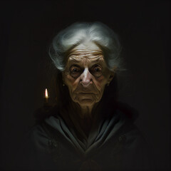 Elderly Hag Witch Woman Black Lady Old Wrinkles Grey Hair Caravaggio Style Concept Painting Generative AI Tools Technology illustration