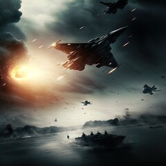 Massive aerial and naval battle. Action scene. Made with Generative AI.	