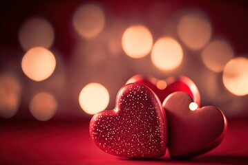 Fototapeta premium Valentines day red hearts on bokeh blurred background created with Generative AI technology