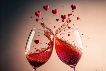 Valentines wine glasses are clinking created with Generative AI technology - obrazy, fototapety, plakaty