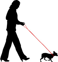 Silhouette of woman and dog on a white background