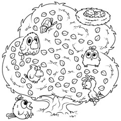 Puzzle for children. Labyrinth. Coloring the outline of the tree along which you need to lead the chick to the nest. Coloring book for children.
