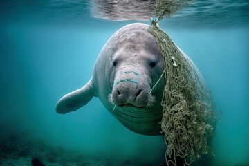 Fototapeta premium Plastic Pandemic - A Sea Cow's Fight for Survival in a Polluted Ocean. AI generated picture.