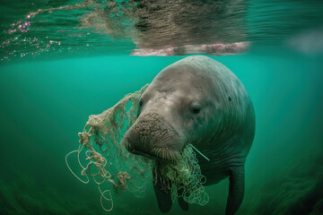 Sea Cow's Struggle - The Tragic Consequences of Plastic Pollution in Our Oceans. AI generated picture.