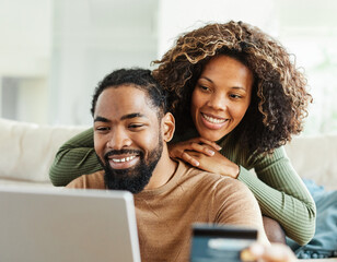 couple credit woman laptop shopping card online technology internet payment computer young man love together order happy