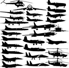 Set silhouette passenger and military aircraft on a white background