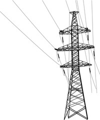 Silhouette of high voltage power lines on a white background