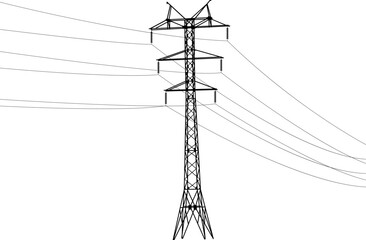 Silhouette of high voltage power lines on a white background