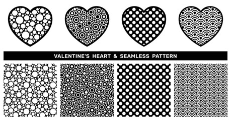 Heart with circle texture and dot seamless pattern set. Vector love icon for valentine decor. Flat vector illustration is perfect for sticker, valentine banner and greeting card, gift certificate