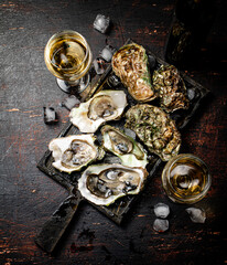 Raw oysters with ice on an cutting board. 