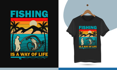 Fishing is a way of life - Fishing love t-shirt design vintage template. Vector graphics with fisherman, palm tree, sun, rods, hook, and fish silhouette.