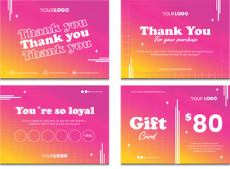 Small business cards collection. Thank you card, loyalty card and gift card editable template. Pink and yellow gradient texture. Thanks for your purchase text. Cool and femenine concept.
