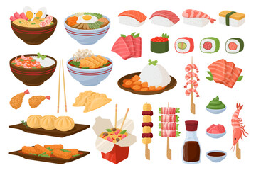 Cartoon asian food. Japanese and Korean traditional cuisine dishes, rice, ramen, tempura, sushi, onigiri and sashimi flat vector illustration set. Oriental seafood dishes