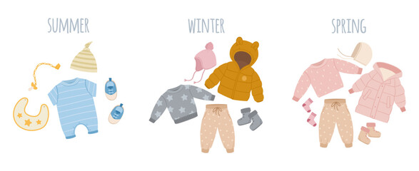 Baby seasonal outfits. Cartoon cute kids casual garments for summer, spring and winter, cute little clothes and accessories flat vector illustration on white background