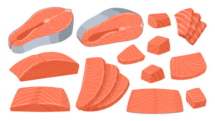 Cartoon sliced salmon. Red fish pieces, delicious sashimi slices, salmon steak and fillet flat vector illustration set. Salmon slices collection - obrazy, fototapety, plakaty
