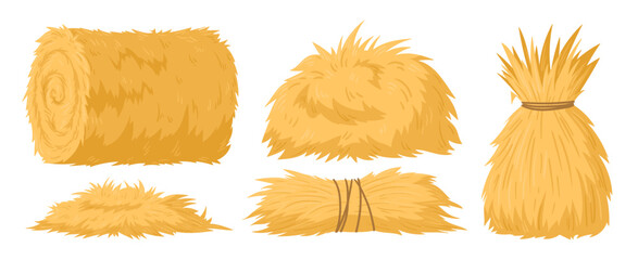Cartoon agricultural haycocks. Bale of hay, rural haystack, rolled stack and fodder straw, dried farm haystacks flat vector illustration set on white background © GreenSkyStudio