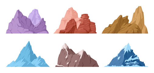 Cartoon mountains set. Hill tops and rocky range, outdoor hiking, nature landscape mountain silhouettes flat vector illustrations on white background