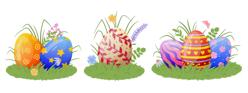 Cartoon spring eggs. Easter chocolate holiday painted eggs on grass lawn, Happy Easter colorful decoration eggs flat vector illustration set
