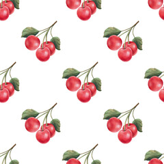 Red cherry seamless pattern. Hand drawn watercolor illustration