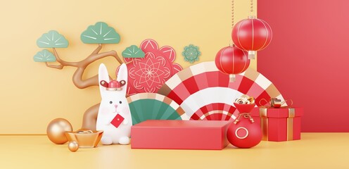 Happy Chinese new year 2023 with the year of Rabbit. Traditional Podium for showing product. Lunar new year red background decorate with Chinese texture, gold, coins, and zodiac sign. 3D render.