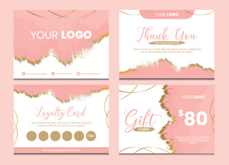 Small business cards collection. Thank you card, loyalty card and gift card editable template. Femenine pink and gold grunge design. Thanks for your purchase text. Modern vector illustration