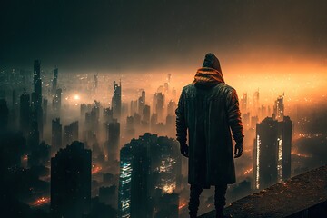 Fototapeta na wymiar A person in a hoodie and jacket standing on a rooftop, gazing at a mystical, foggy and futuristic cityscape at night, generative ai