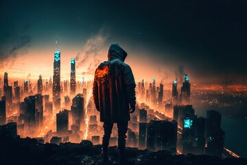 A person in a hoodie standing on a hilltop and looking down at a futuristic cyberpunk neon city at dawn, with towering skyscrapers, generative ai