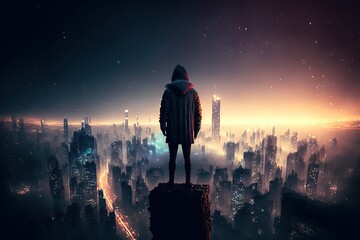 Lamas personalizadas con paisajes con tu foto A person standing on a rooftop, looking at a foggy and futuristic cityscape with neon lights at night, epic wallpaper, generative ai