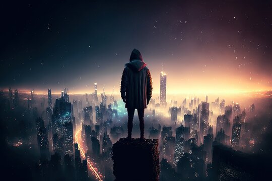 A person standing on a rooftop, looking at a foggy and futuristic cityscape with neon lights at night, epic wallpaper, generative ai