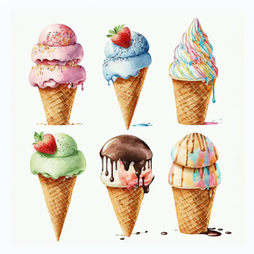 watercolor painting of ice creams of different flavors isolated on a white background Generative Ai