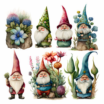 set of garden gnomes drawings isolated on a white background Generative Ai