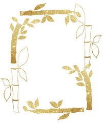 Bamboo frame, hand drawn gold leaves composition, Watercolor border illustration with florals. card template