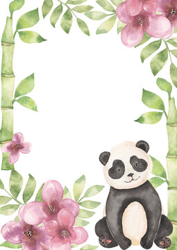 Panda with green bamboo and pink flowers frame, panda surrounded by bamboo branches and flower, hand drawn composition, Watercolor illustration, with cute bear clipart. Baby shower card template