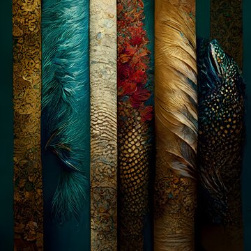 Pattern Wallpaper Texture Duck Feathers Fish Scales Hint Of Gold Hint Of Red Hint Of Peacock Blue Verticle 