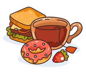 Morning sweet breakfast with coffee tea snack sandwich bakery concept. Vector cartoon graphic design element illustration