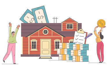 Obraz na płótnie Canvas House mortgage credit money rent property bank loan concept. Doodle line art style isolated set. Vector cartoon graphic design element illustration 