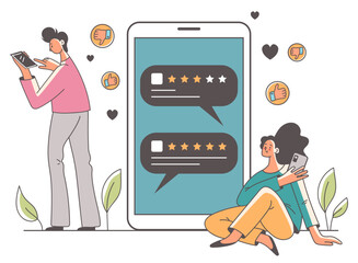 Feedback customer experience rate content review concept. Marketing service quality rating personal opinion line art style. Vector cartoon graphic design element illustration