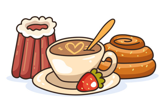recommend clip art: Morning sweet breakfast with coffee tea snack sandwich bakery concept. Vector cartoon graphic design element illustration