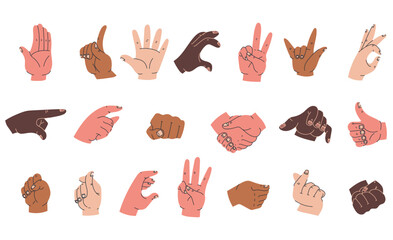 Hand arm fingers with different gesture position concept isolated set. Doodle line art style concept set. Vector cartoon graphic design element illustration