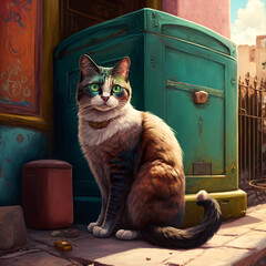 stray cat with green glowing eyes in the street Generative Ai