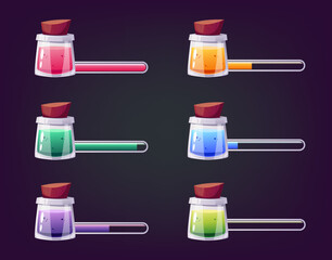Magic potion progress elixir bottles bar set. Mobile video game health energy resource concept. Vector cartoon graphic design element illustration