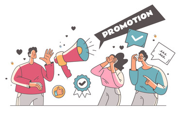 People characters with megaphone loudspeaker making promote announce concept. Doodle line art cute style concept set. Vector cartoon graphic design element illustration