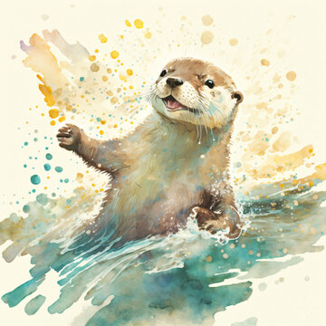 watercolor of a happy otter swimming Generative Ai