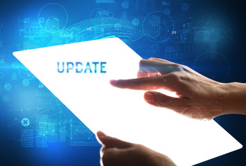 Hand holdig futuristic tablet , technology concept