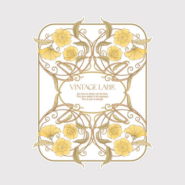 Decorative flowers and leaves in art nouveau style, vintage, old, retro style. Border, frame, template for product label, cosmetic packaging. Easy to edit. Vector illustration. In art nouveau style.